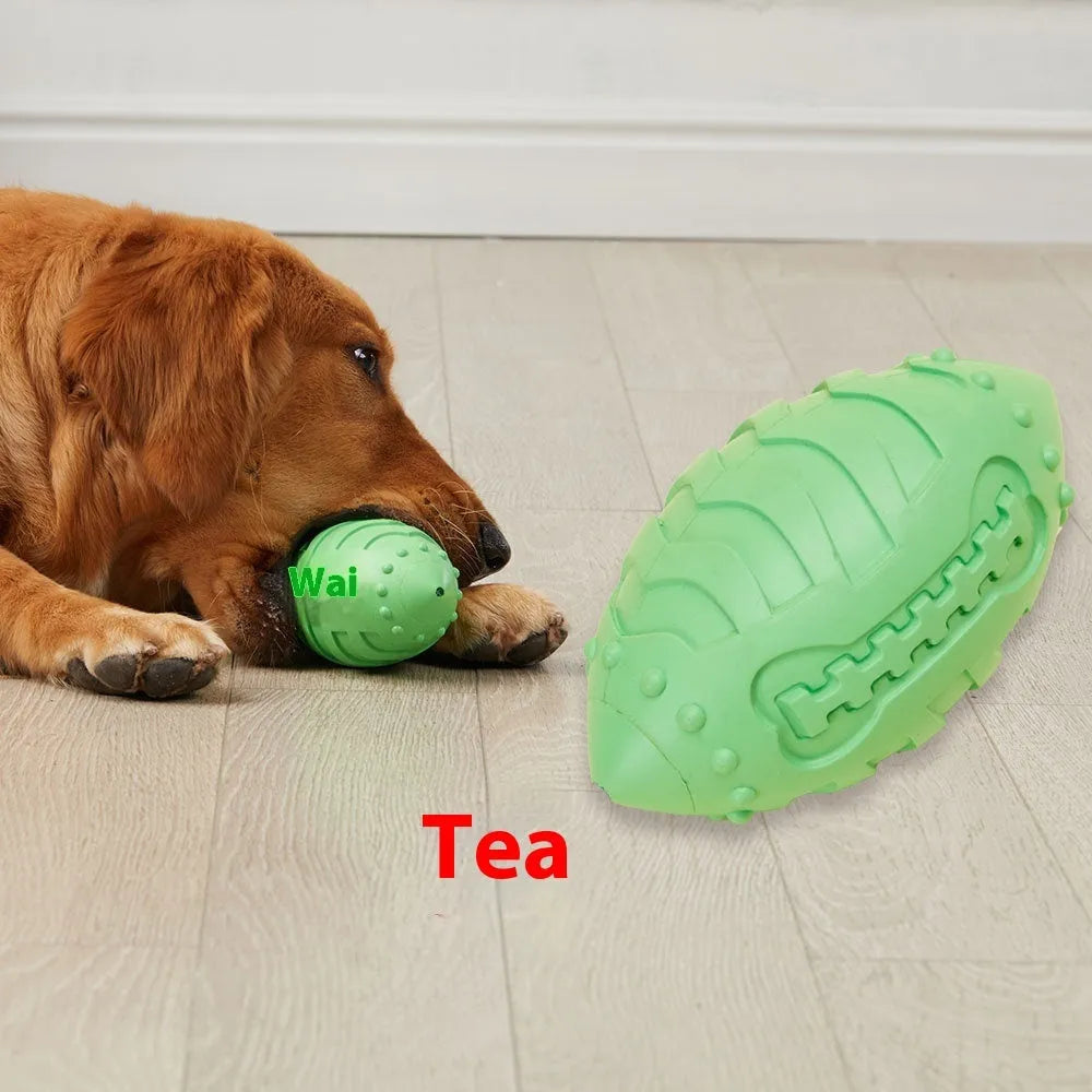 Thickened rubber vocal rugby ball dog toy in light green or sapphire blue for interactive training