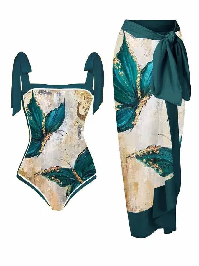 Women's printed floral swimsuit set with chiffon cover-up skirt