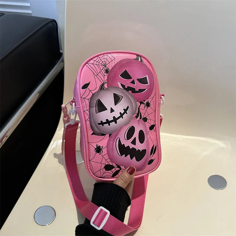 Halloween graffiti phone crossbody bag with cartoon pumpkin ghost bat prints in PU material