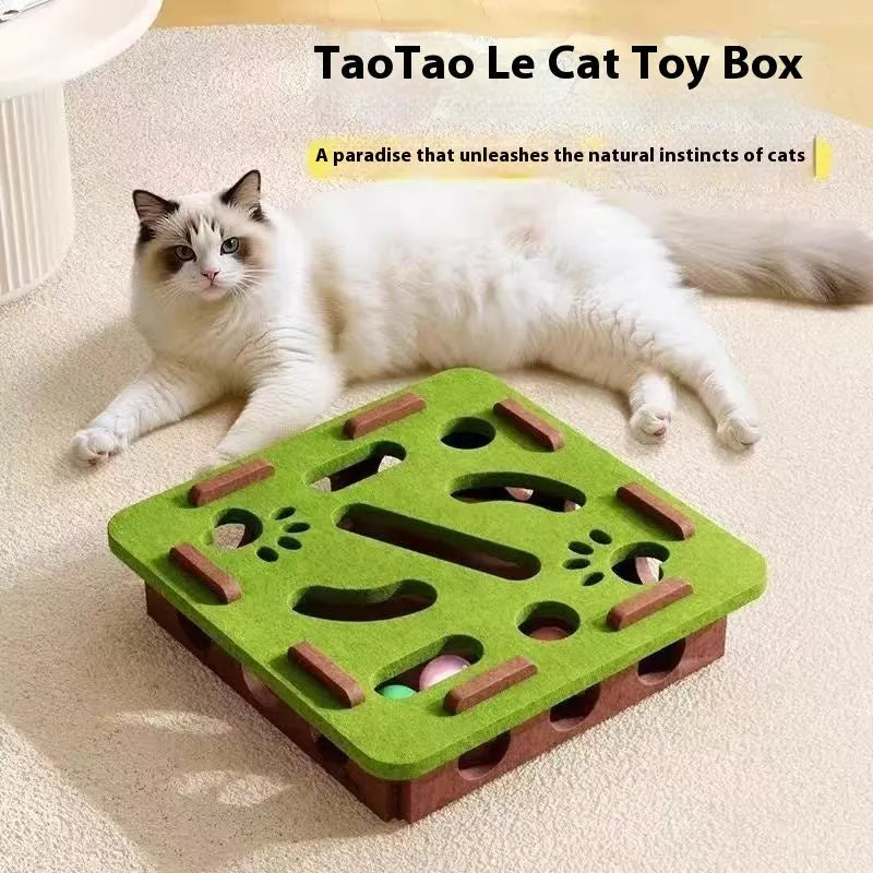 Green brown felt cat scratching box with 30x30 cm base and 7.5 cm sides.