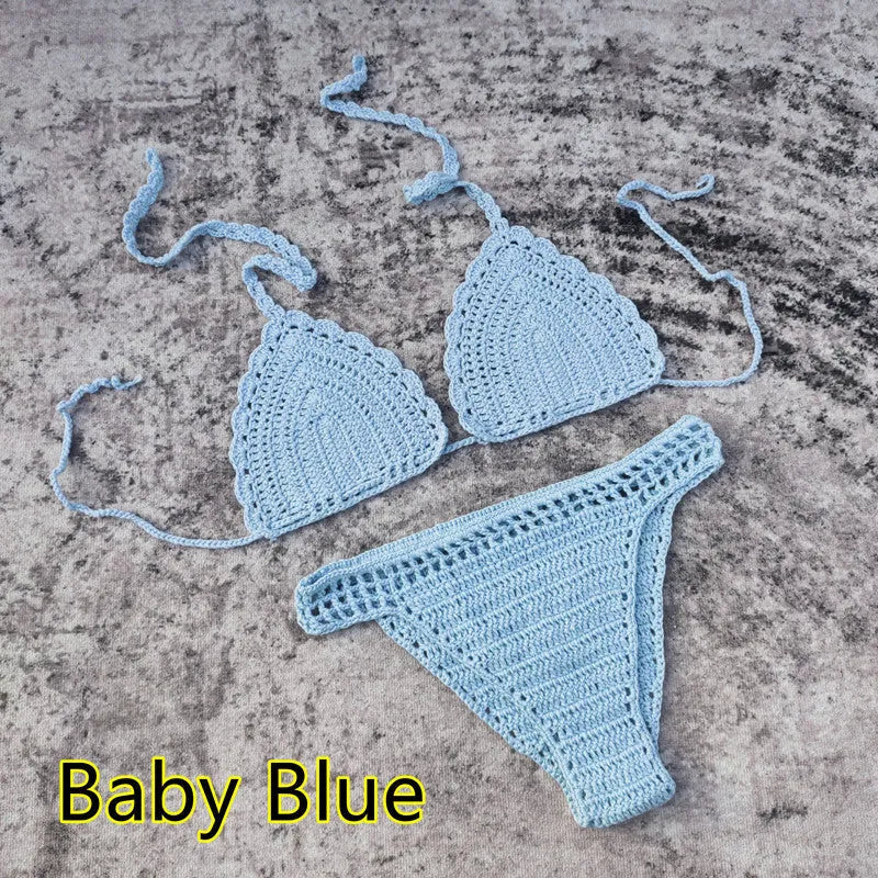 Women's handmade crochet bikini and matching beach skirt swimsuit set in acrylic fabric