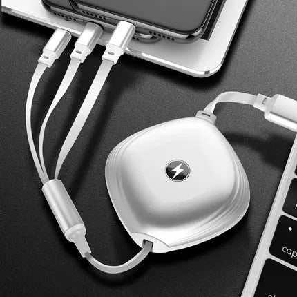 Telescopic charging cable extended to 120cm with 3-in-1 connectors in choice of colours
