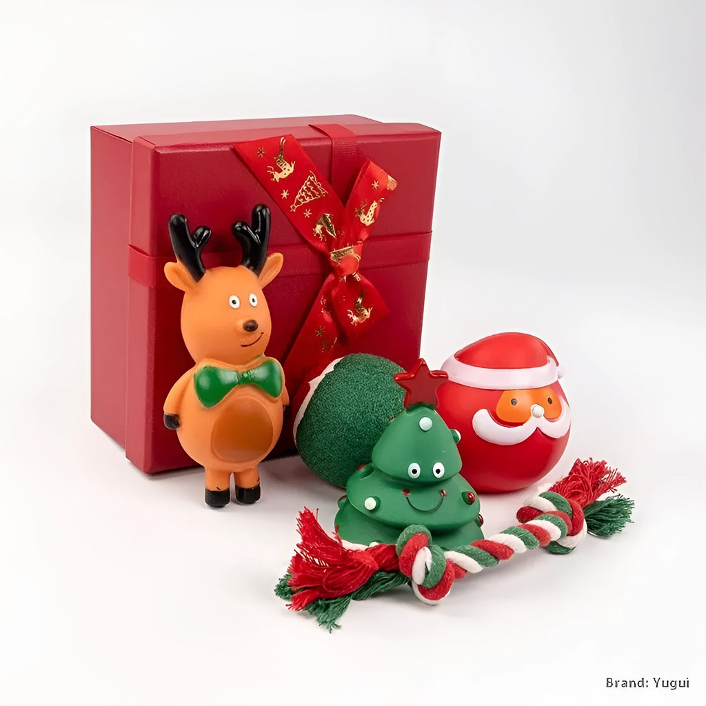 Set of colourful Christmas-themed vinyl dog chew toys including balls, ropes, and Santa figures.