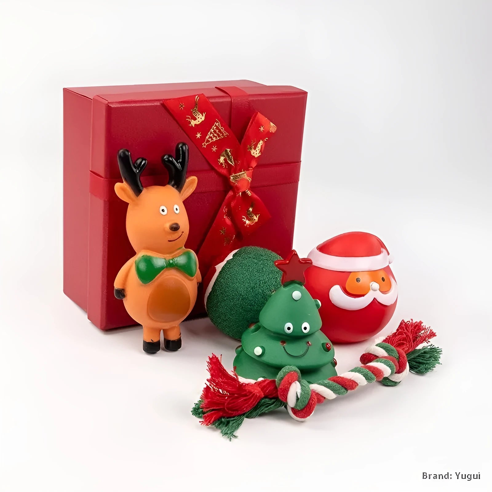 Set of colourful Christmas-themed vinyl dog chew toys including balls, ropes, and Santa figures.