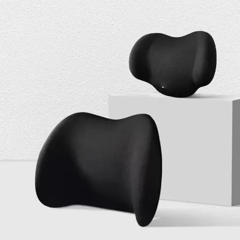 Memory cotton car cushion shown as headrest, back support, and waist cushion in black, green, grey, and pink colours