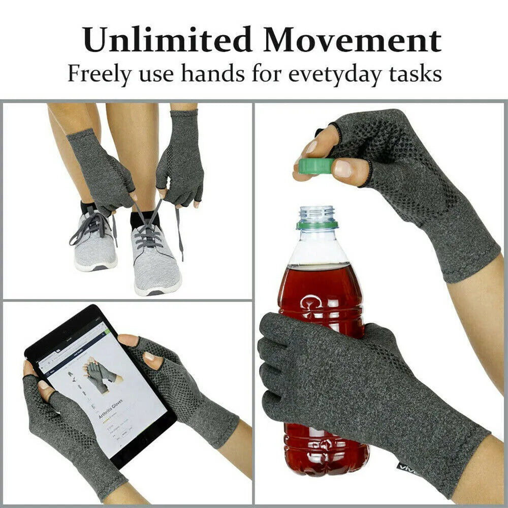 Grey half finger compression gloves showing anti-slip silicone grip palm and joint support design