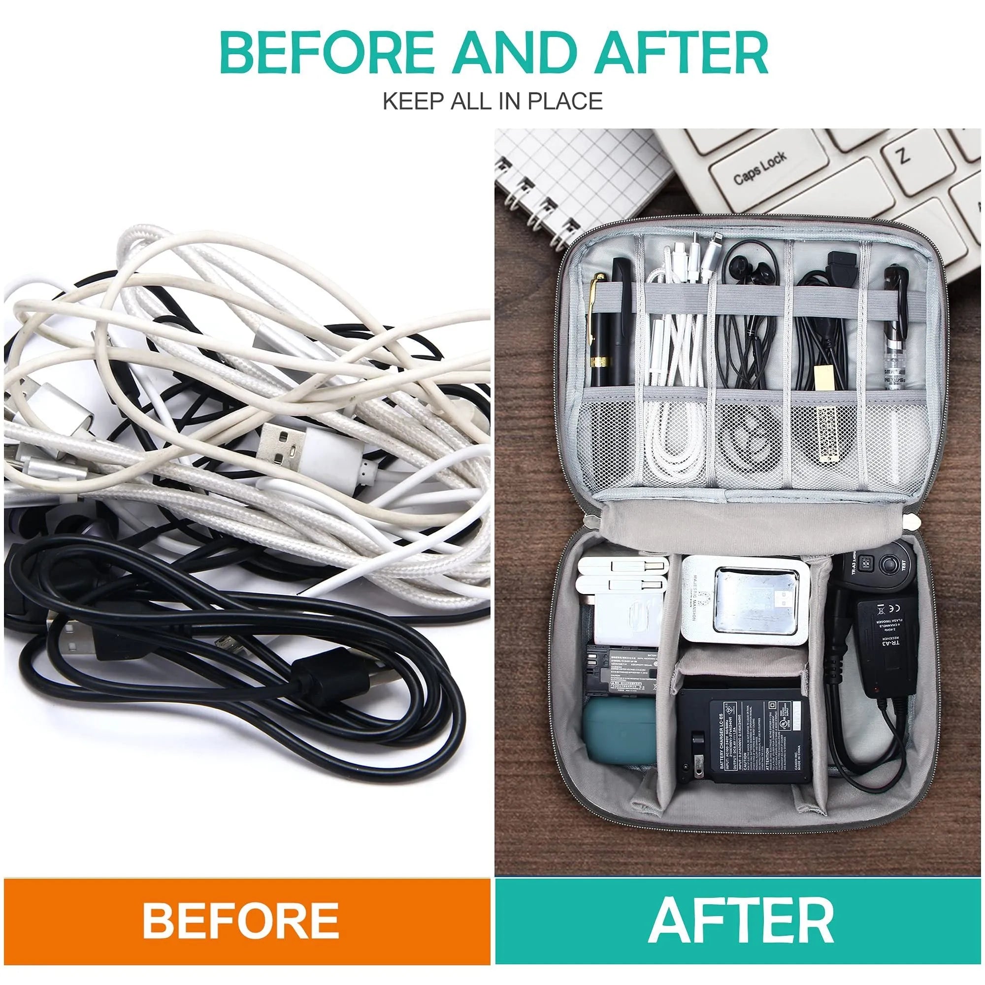 Black or grey waterproof travel cable organiser bag open to show mesh pockets and removable padded dividers