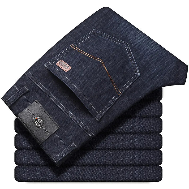 Women's straight-leg stretch jeans in black and blue colours showing business casual styling