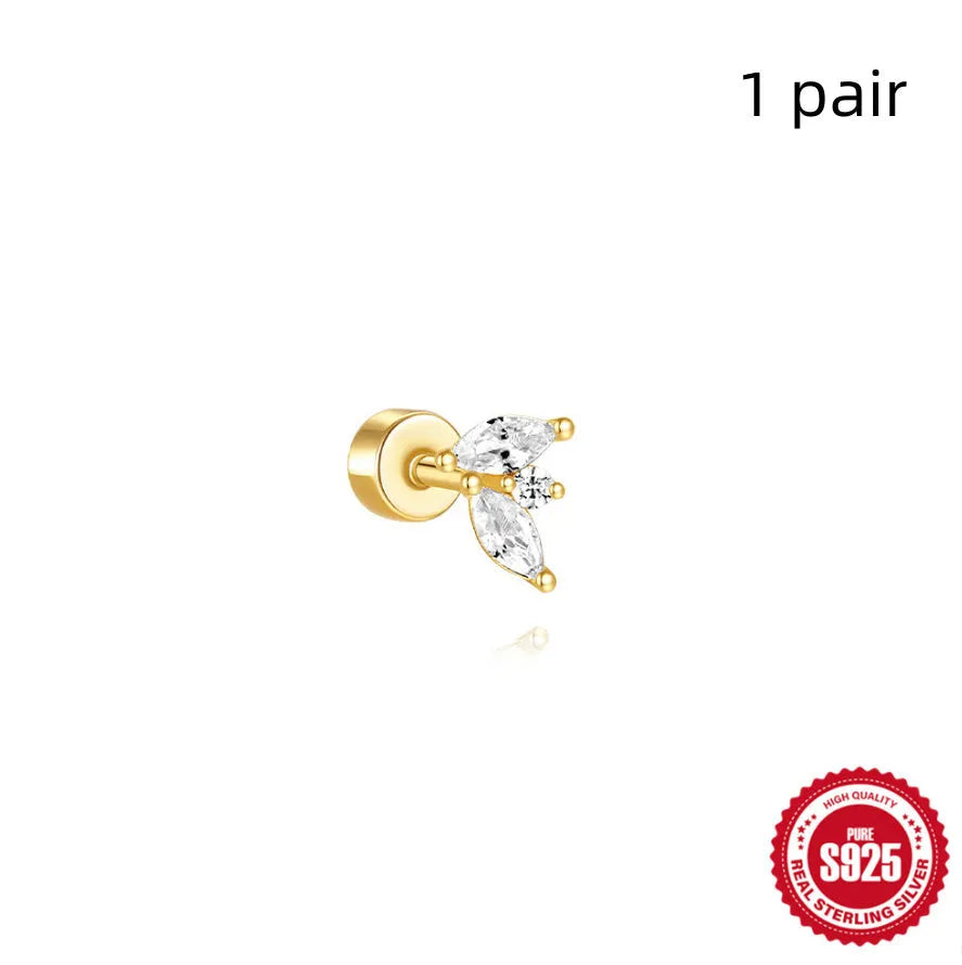 S925 sterling silver flat column geometric ear bone studs with thread detail in a gold colour finish