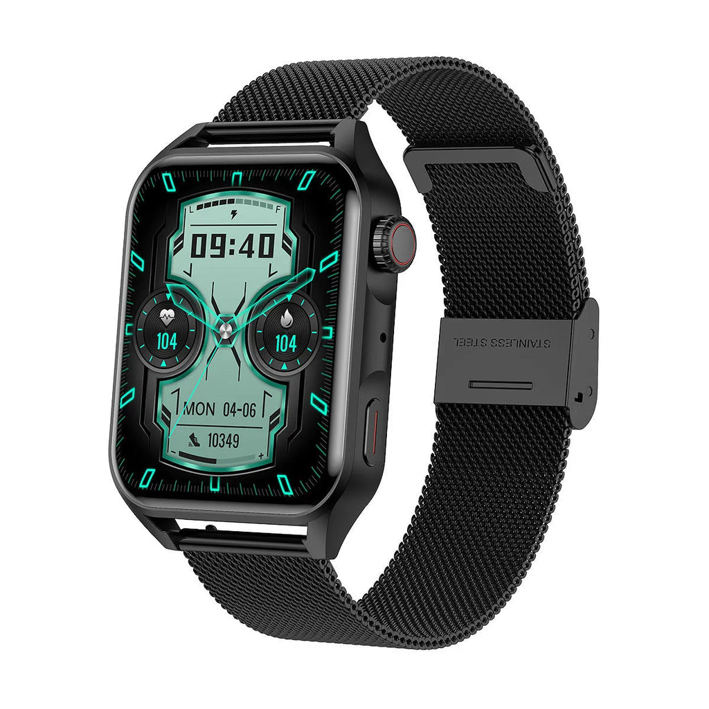 Silver grey smart watch with AMOLED screen and black silicone wrist strap on a wrist.