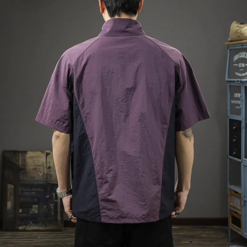 Men's half zipped stand collar business casual shirt in ice silk fabric available in brown and purple colours