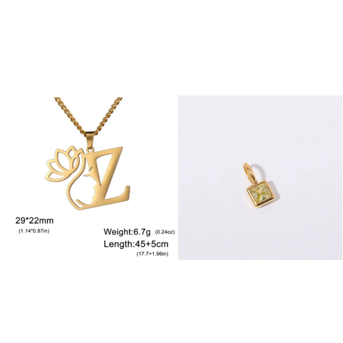 Stainless steel necklace with cross chain design and single letter pendant in gold or silver electroplated finish