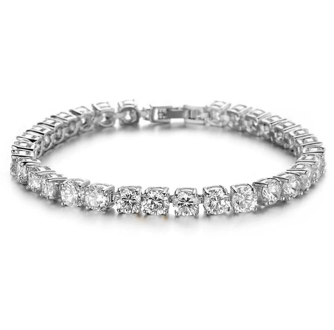 Men's iced out hip hop bracelet with single row rhinestones and zirconia tennis charm on geometric alloy chain links