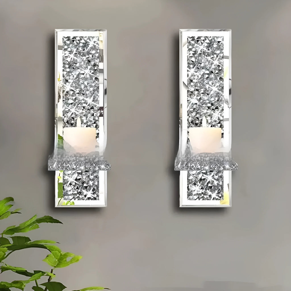 Silver mirror glass wall hanging candle holder pair for living room decoration