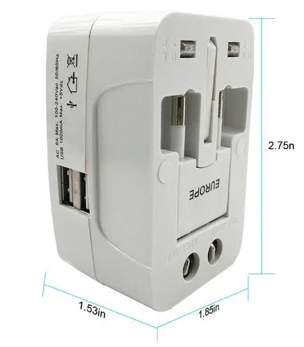 Compact white universal travel plug adapter showing UK plug socket and extendable US, EU, and AU pins