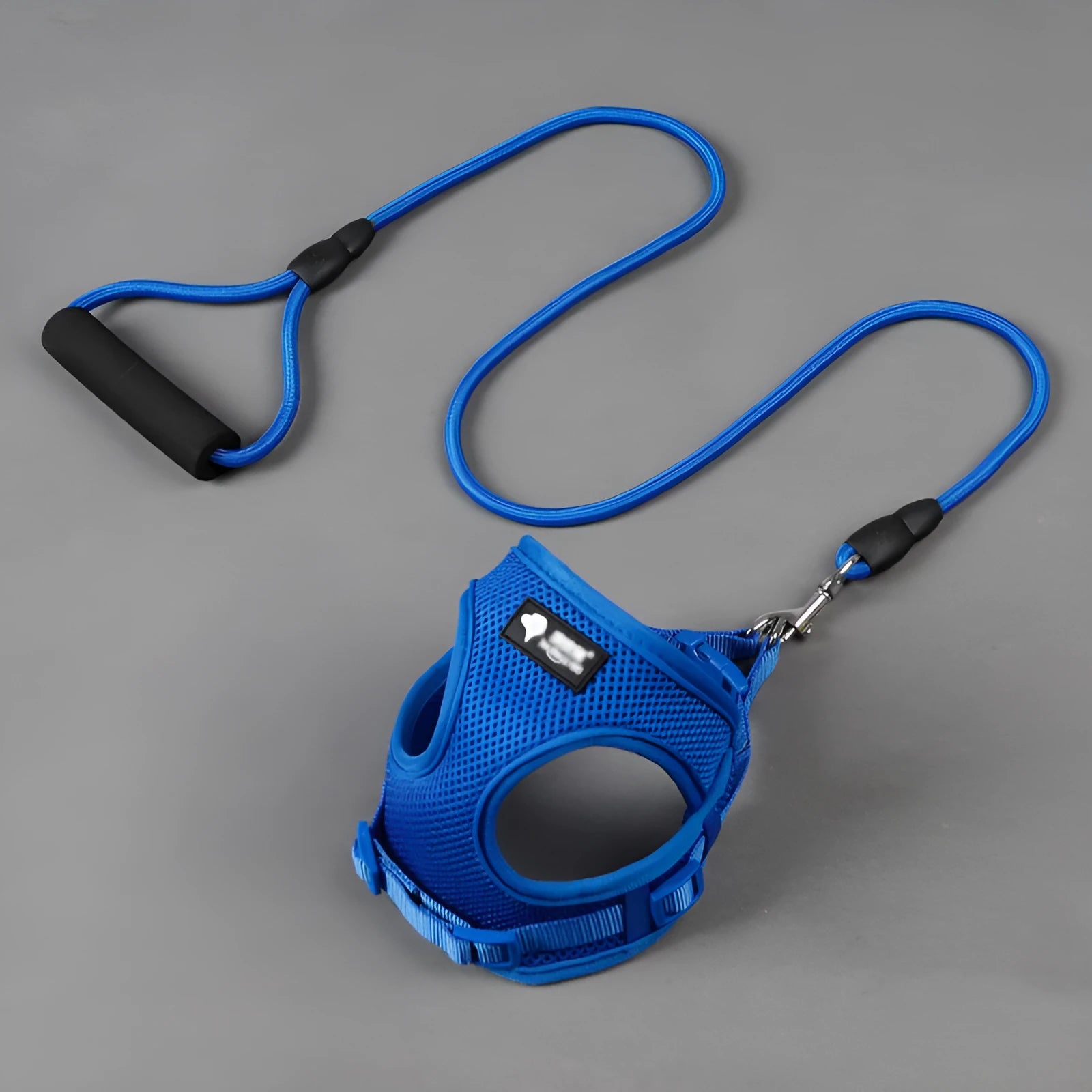Blue nylon dog leash with foam handle and adjustable collar set on a white background.