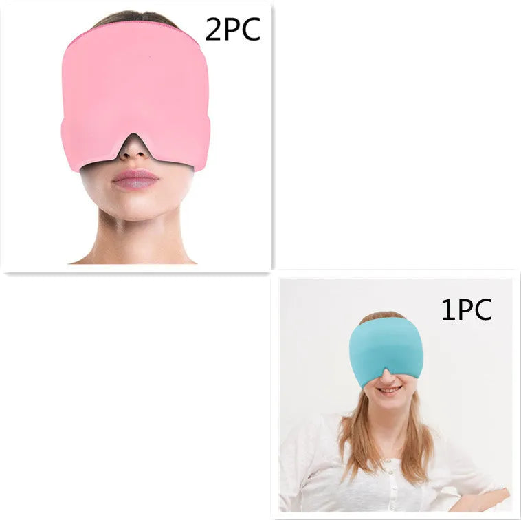 Black adjustable cold compress gel eye mask for headache relief on a plain background.