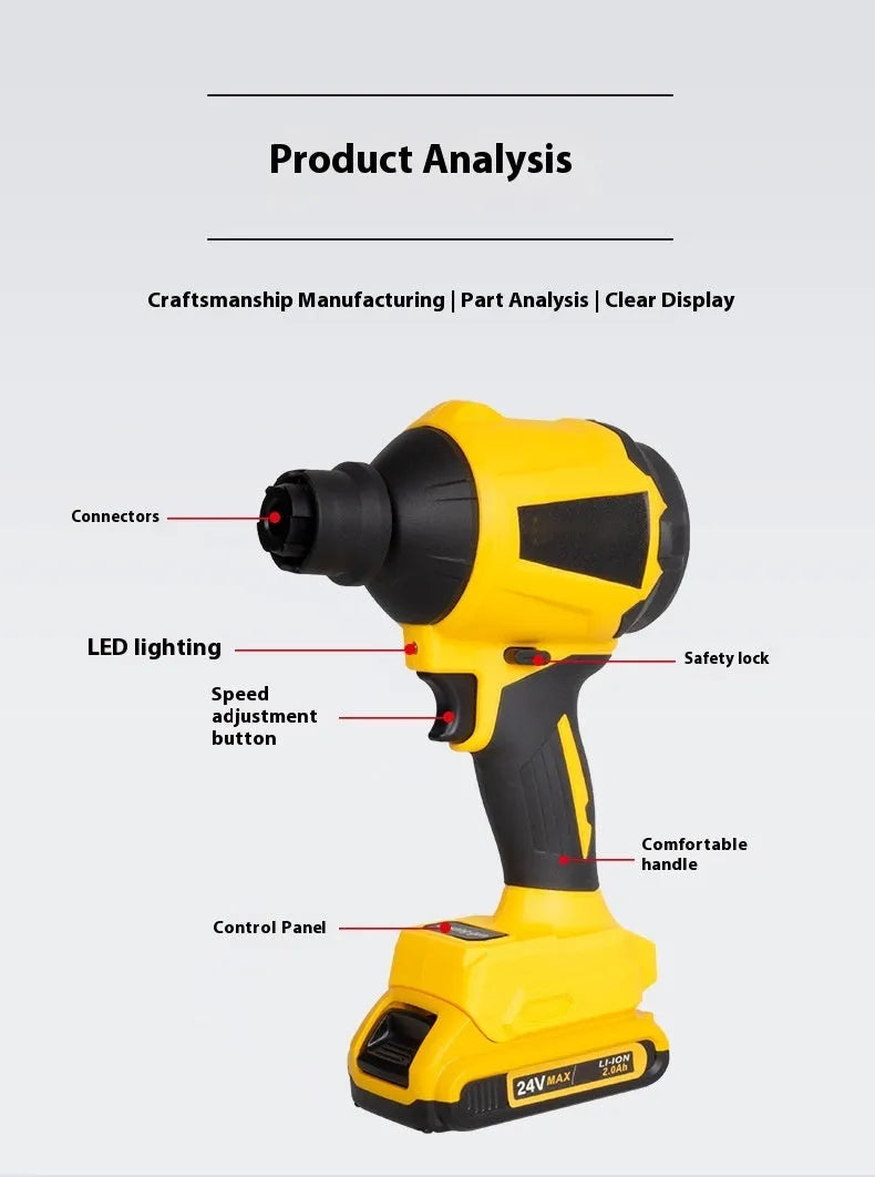 Yellow handheld lithium battery dust gun blower for office and home cleaning.