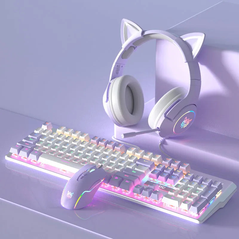 Purple and white wired mechanical keyboard and mouse combo set with backlit keys on a desk.