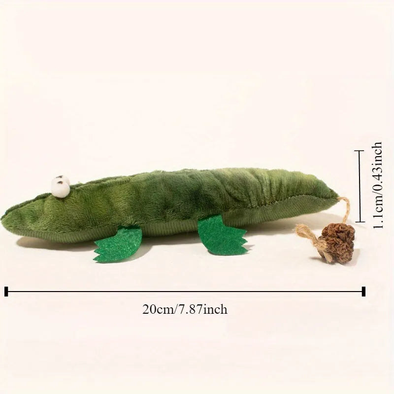 Green plush alligator cat toy with catnip and peppermint scent for oral cleansing