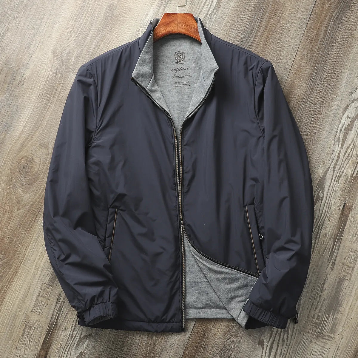 Men's stand collar casual jacket in polyester blend fabric with cotton lining