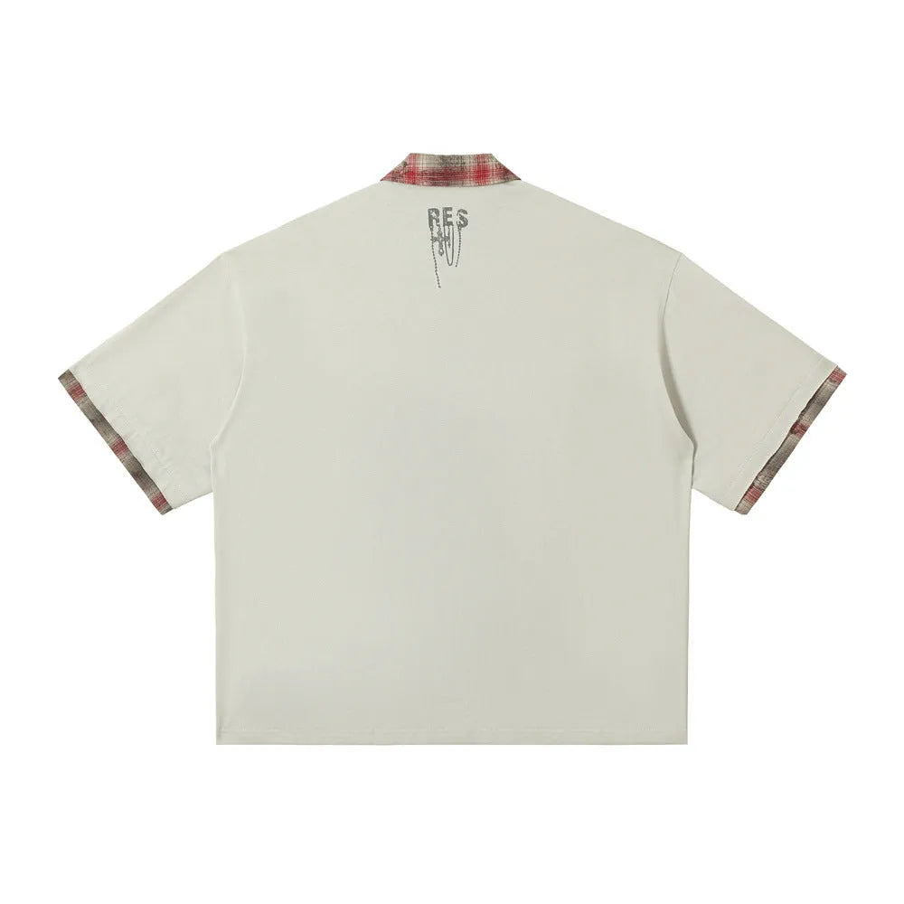 Men's loose fit cotton short-sleeved top with lapel and asymmetric graffiti print design in street style