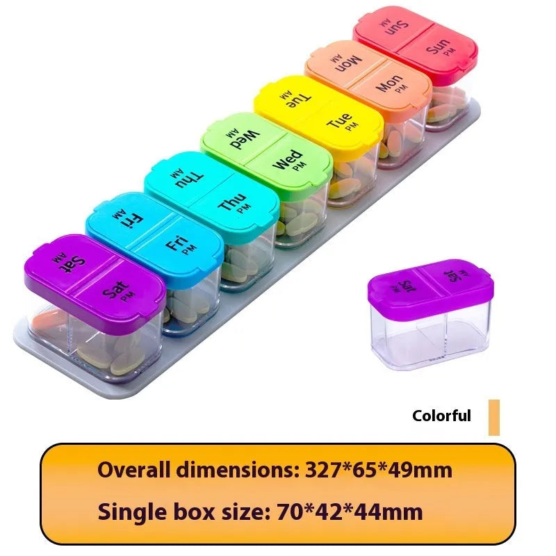Amazon 14-compartment removable pill box dispenser in white or rainbow colour with extra large 1L capacity