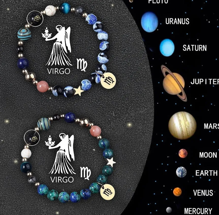 Two natural stone beaded bracelets with zodiac sign charms on a dark background.