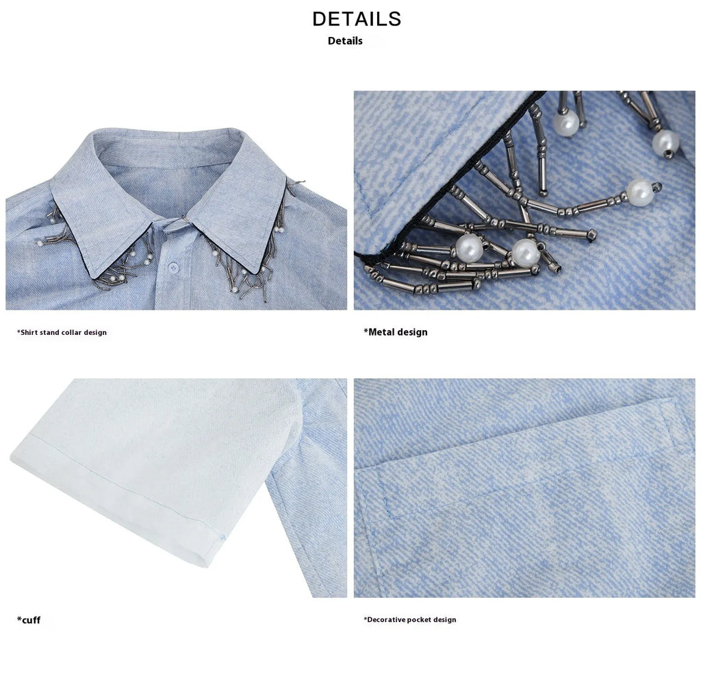 Men's blue and white gradient loose fit short sleeve shirt with quilted detail