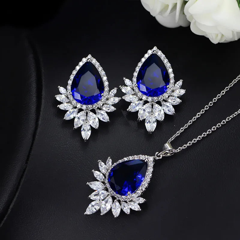 Formal jewellery set with matching necklace and earrings for bridal banquets in blue, red, and white options