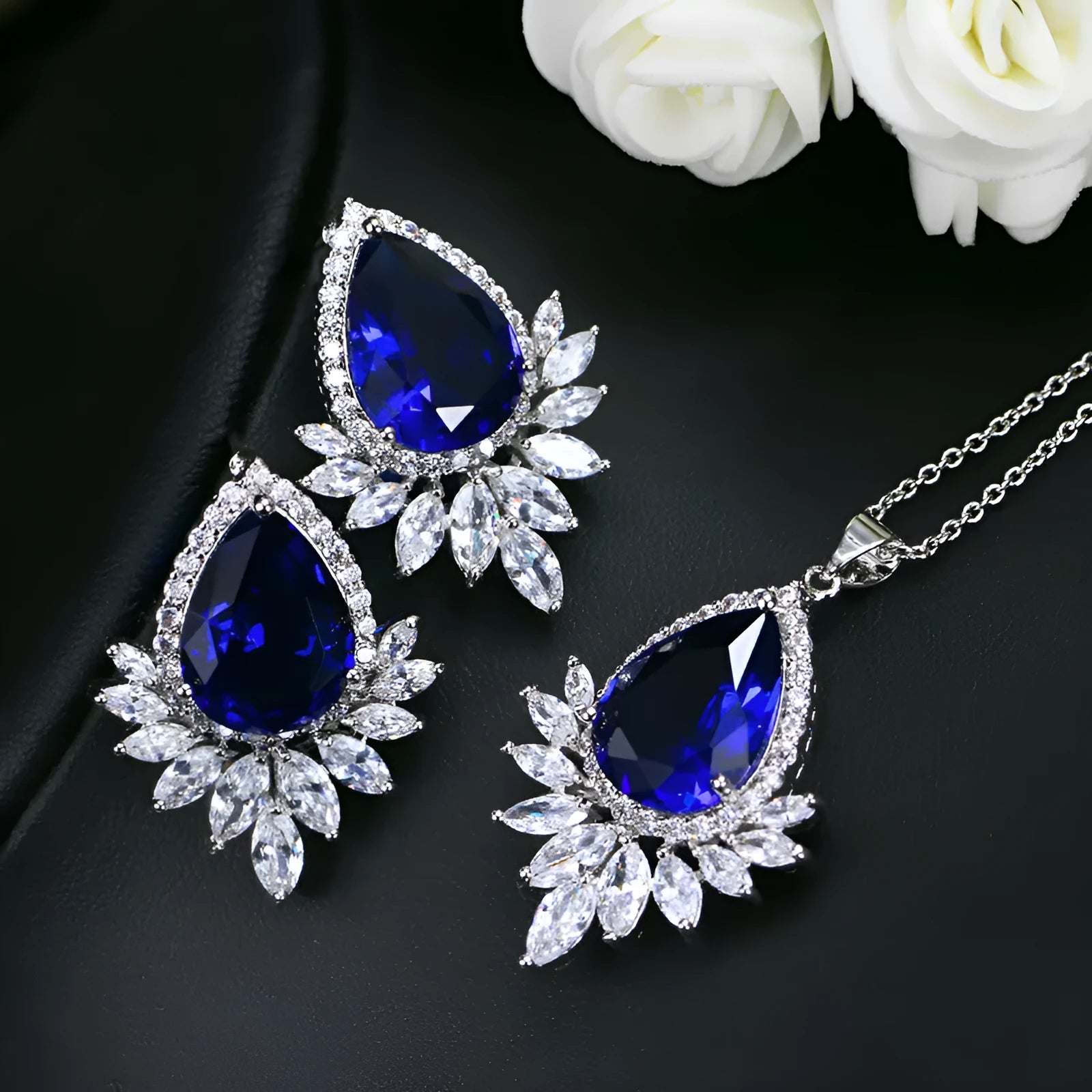 Formal jewellery set with matching necklace and earrings for bridal banquets in blue, red, and white options