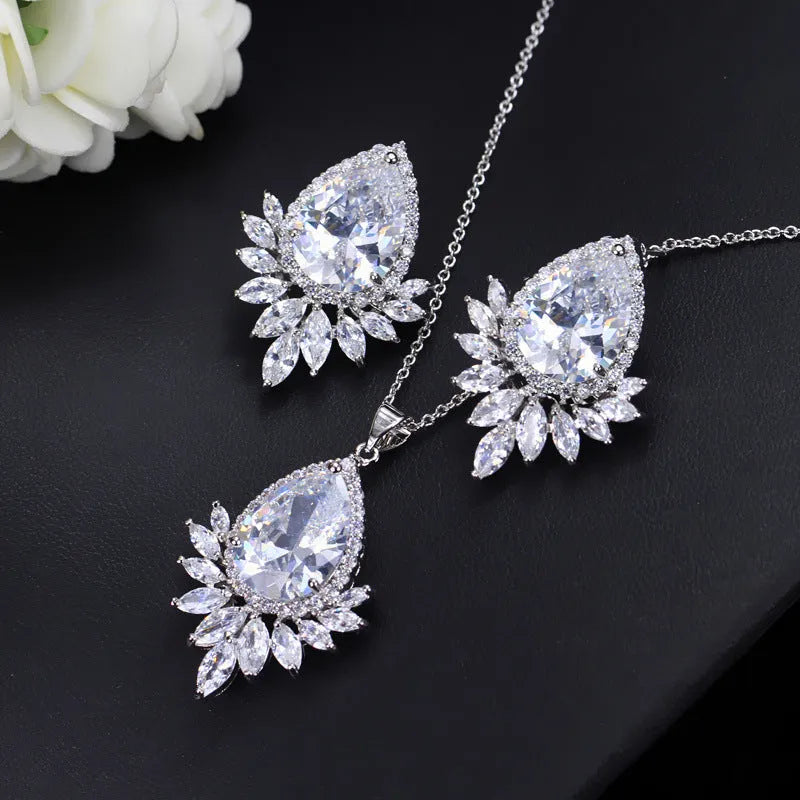 Formal jewellery set with matching necklace and earrings for bridal banquets in blue, red, and white options