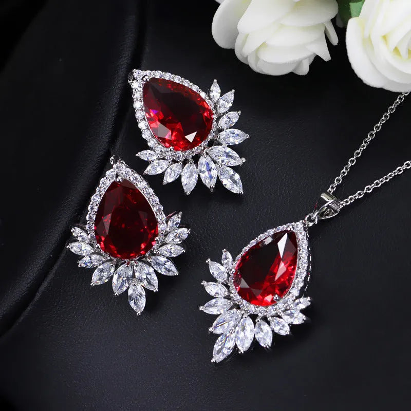 Formal jewellery set with matching necklace and earrings for bridal banquets in blue, red, and white options
