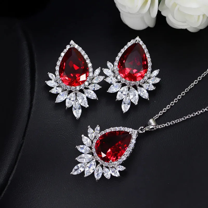 Formal jewellery set with matching necklace and earrings for bridal banquets in blue, red, and white options