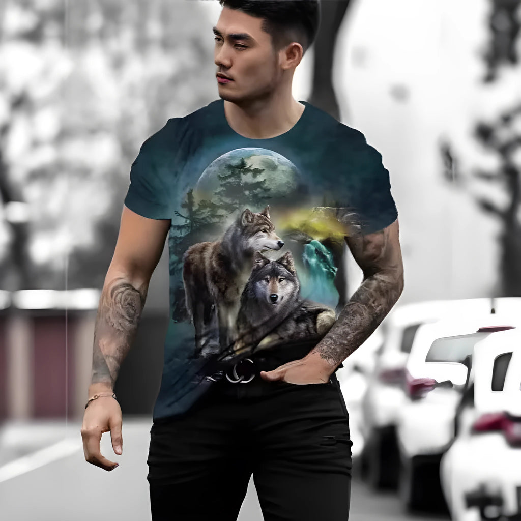 Man wearing a retro 3D animal print short-sleeved T-shirt made from lightweight polyester fabric.