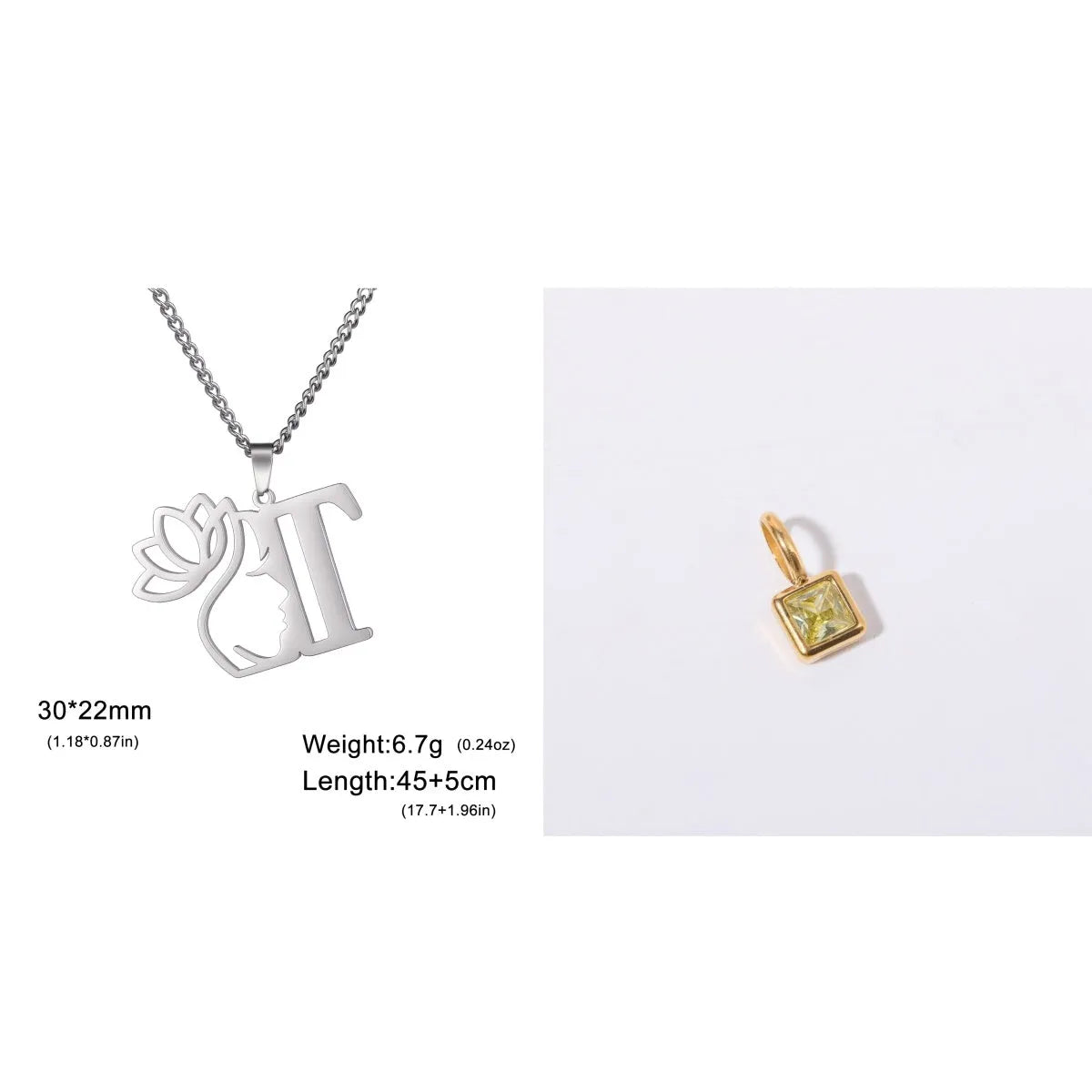Stainless steel necklace with cross chain design and single letter pendant in gold or silver electroplated finish
