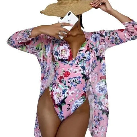 Women's floral patterned tight bikini three-piece suit with coat in seven colour options