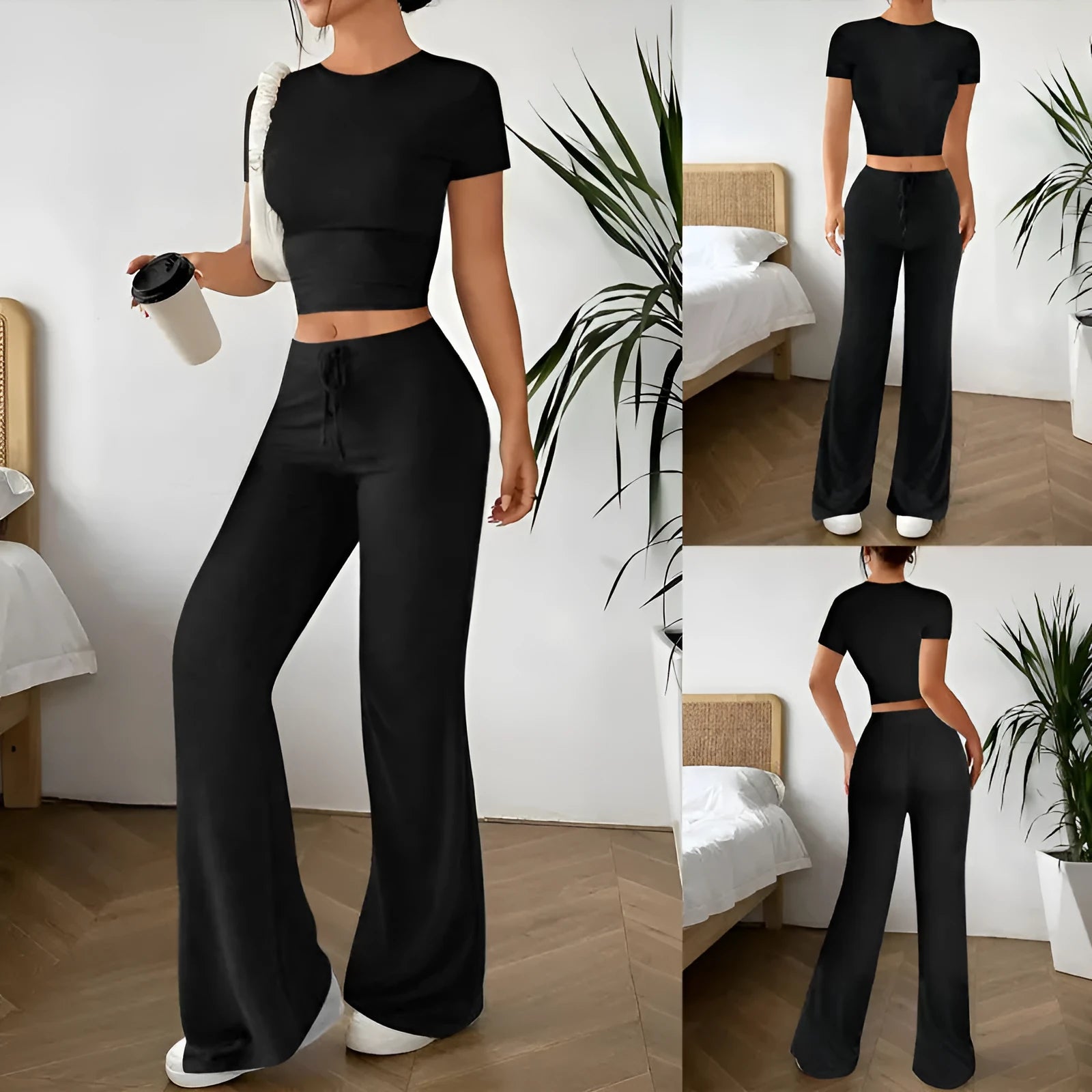 Black high-waist trousers and short sleeve t-shirt co-ord set for women.