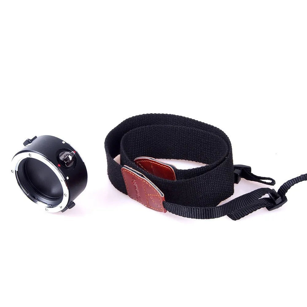 Camera lens flipper dual holder with stainless steel buckle on aluminium body and cotton shoulder strap