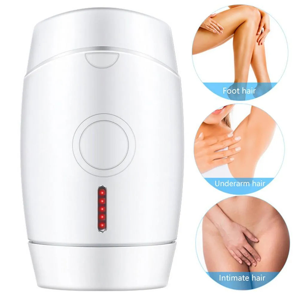 White home laser hair removal instrument measuring 14.3cm tall with 5 energy settings and UK plug