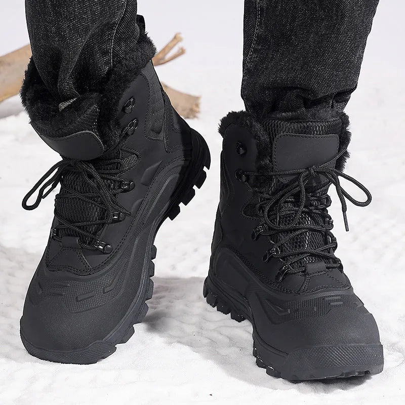 Men's black high-top winter boots with fleece lining and lace-up front on a flat sole.
