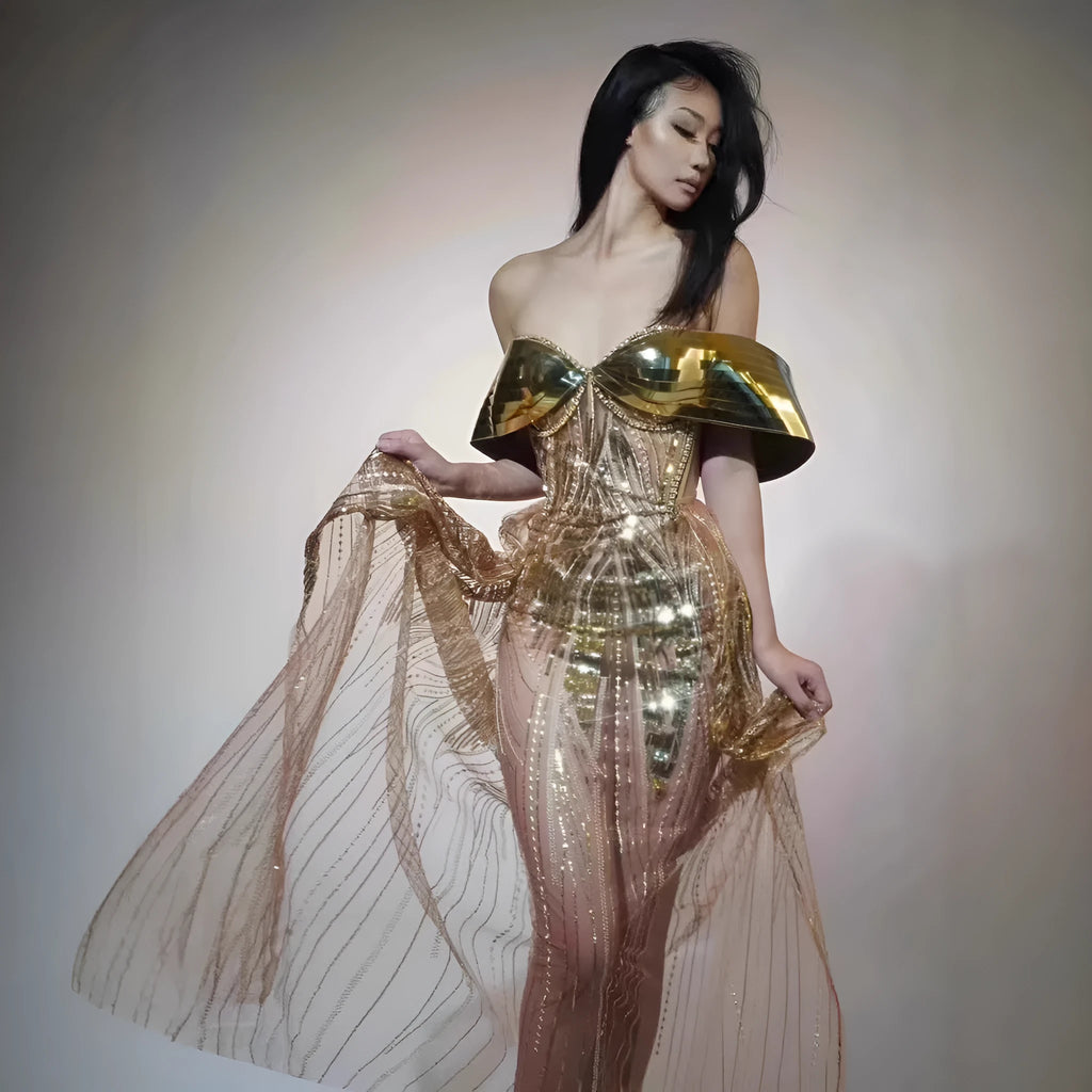 Gold women's strapless sequined dress with a split tulle skirt, long length, and mid waist fit