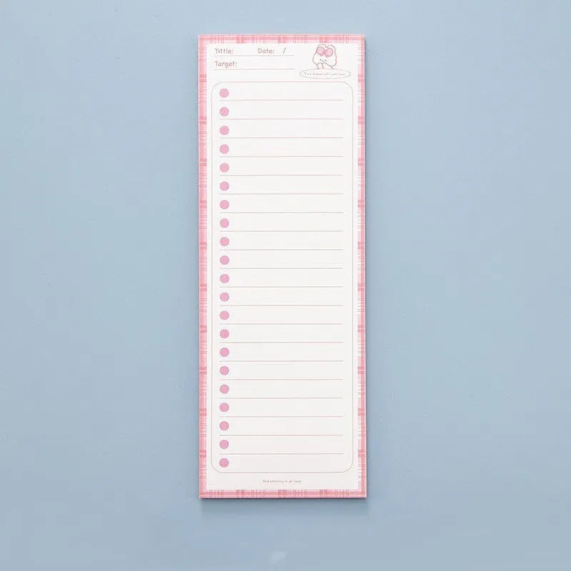 Colourful cartoon sticky note pad in plastic storage box, size 90 by 248 millimetres.