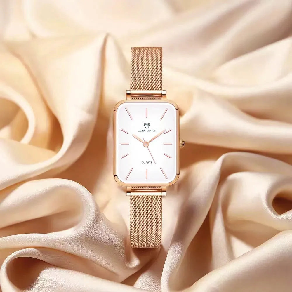 Women's waterproof quartz watch with woven steel strap in rose gold colour showing alloy case and mineral glass