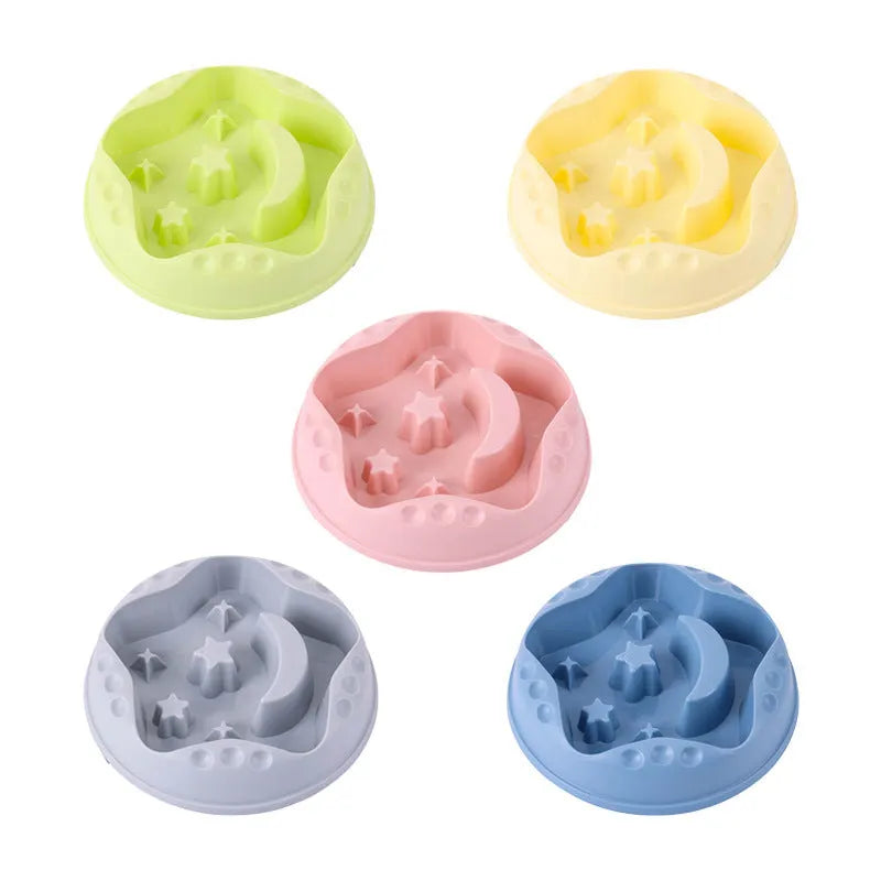 Moon star wings design dog slow food bowl in blue, grey, green, pink or yellow colours