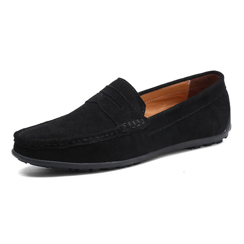 Men's suede leather Gommino casual shoes with flat rubber sole in black colour.