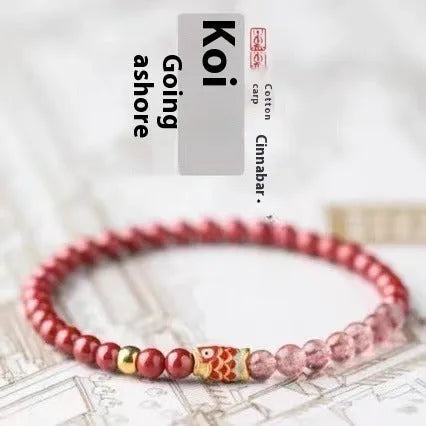 Purple cinnabar and strawberry quartz bracelet with koi and peach blossom motifs for women