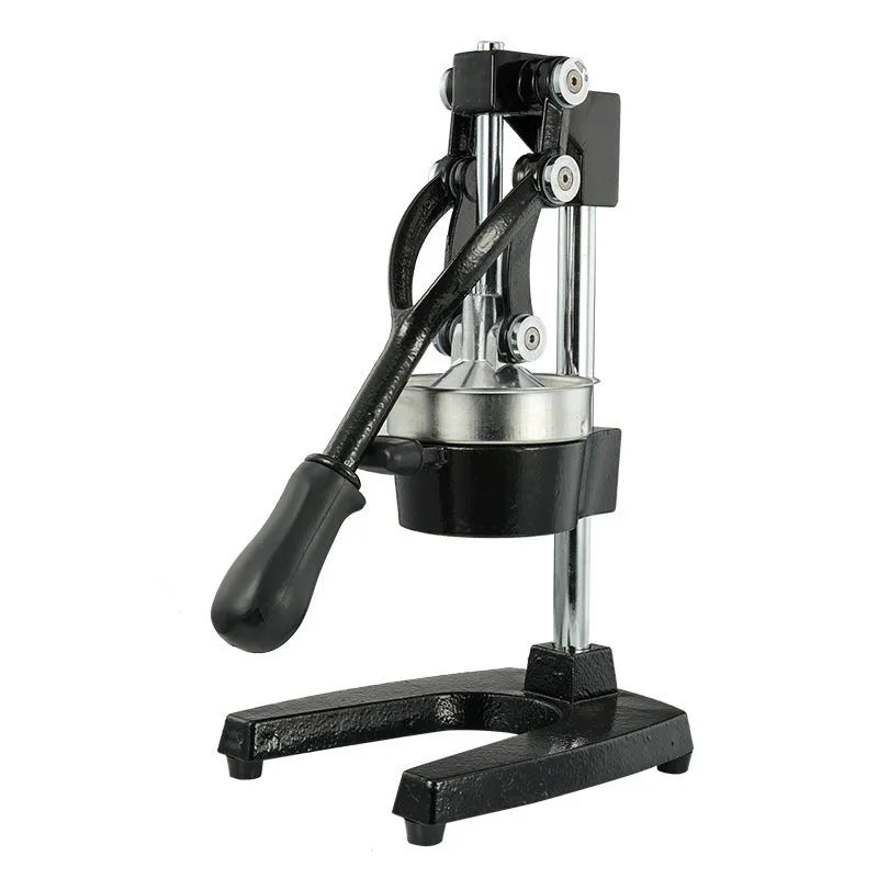 Black and white cast iron manual citrus juicer with stainless steel strainer, 40cm tall.