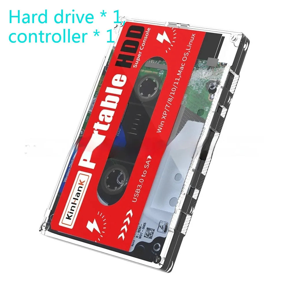 External 2TB mechanical hard drive for mobile gaming with USB cable and compact PC enclosure