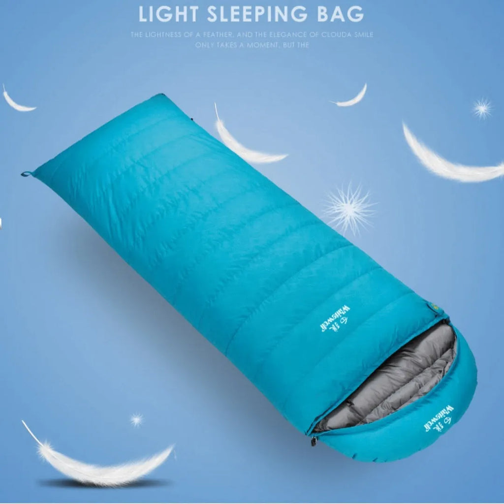 Black outdoor sleeping bag with white goose down fill and tear-resistant nylon fabric.